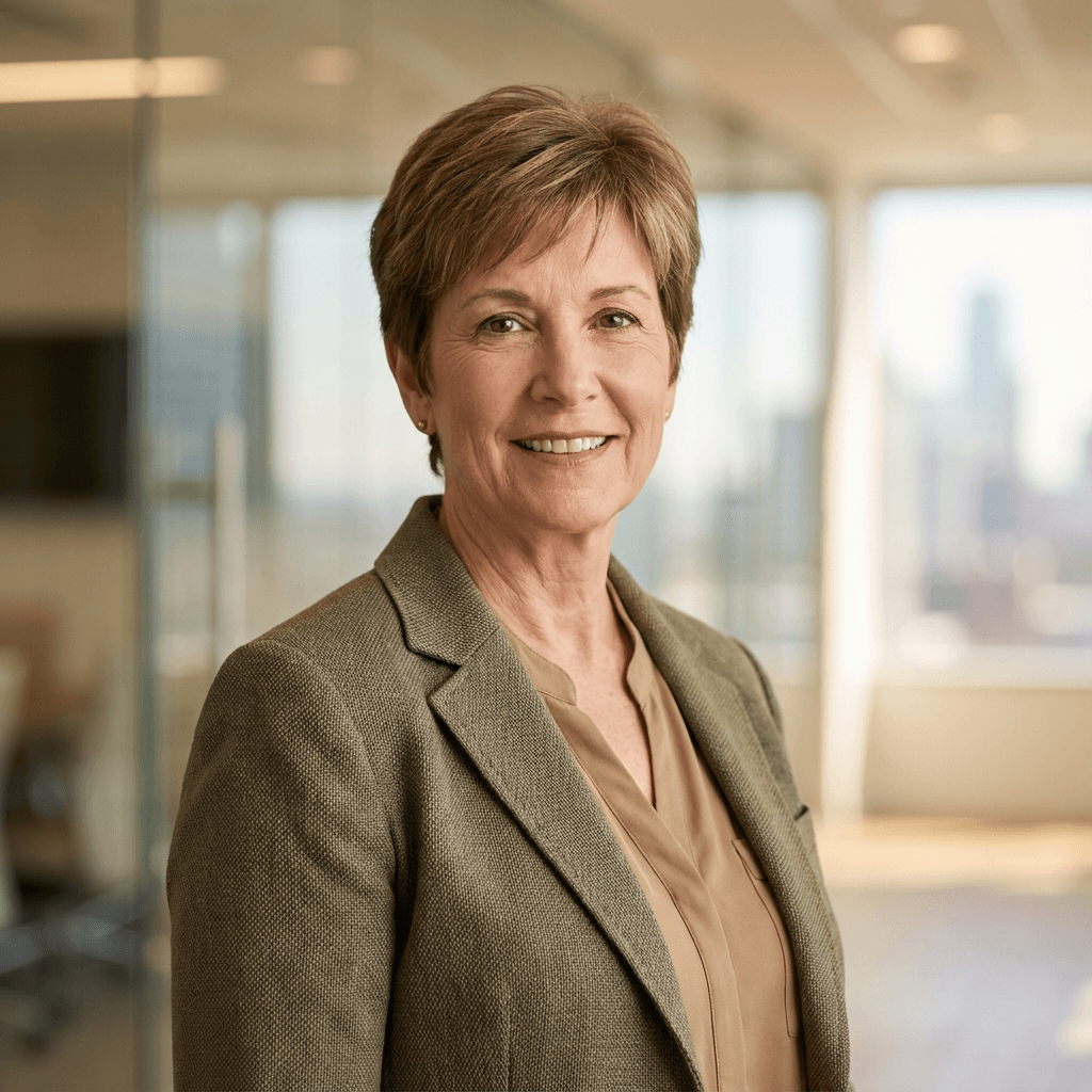 Female office manager in her early 50s, White, friendly in a shipping office