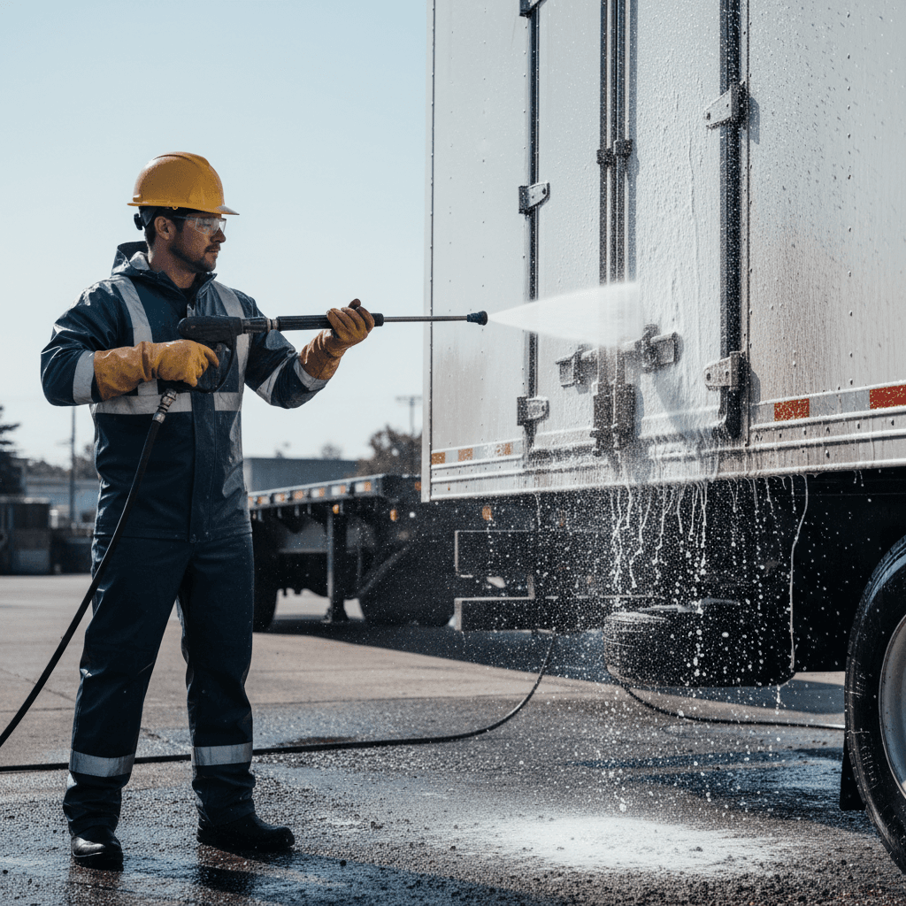Worker power washing the side of a white box truck outdoors
