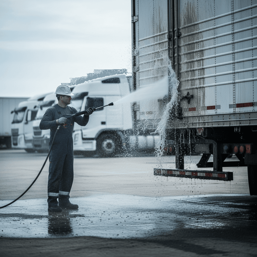 Pressure washer removing road grime from a commercial trailer in a fleet yard