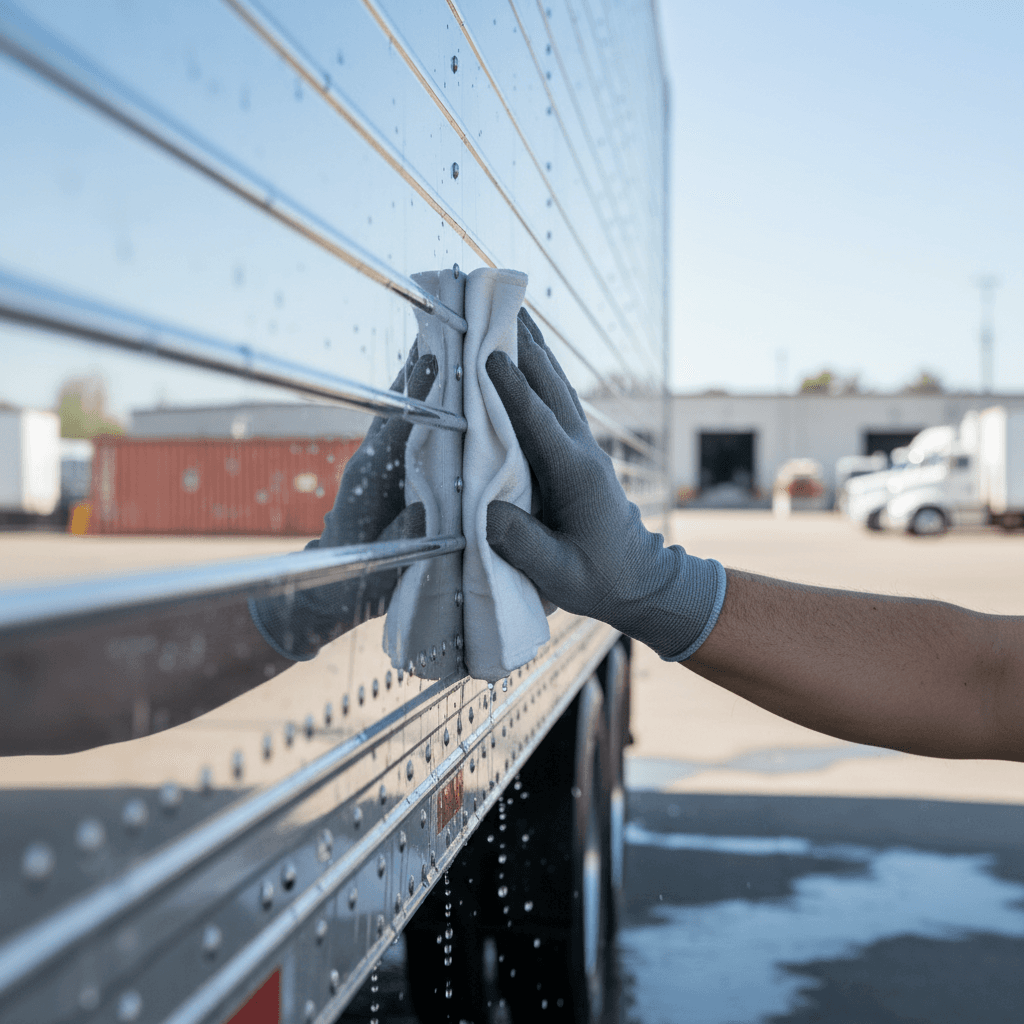 Worker inspecting a freshly washed trailer surface for a final check