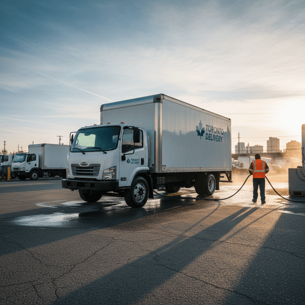 Clean box truck parked in a commercial yard at dawn after mobile washing