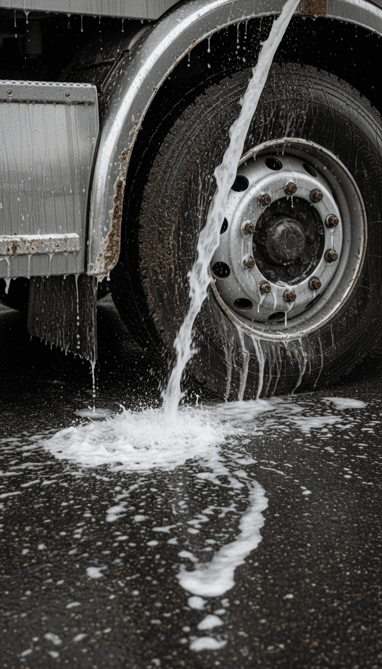 Close-up of soapy water washing away grime from a truck wheel and fender