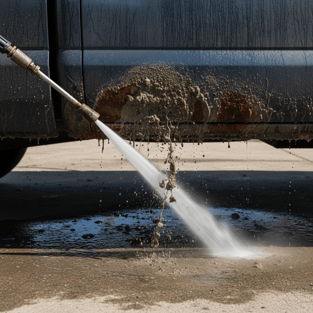 Close-up of pressure washing removing salt and grime from a truck panel
