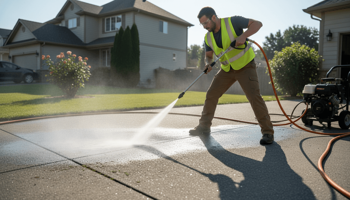 Technician pressure washing the side of a semi-trailer in a truck yard