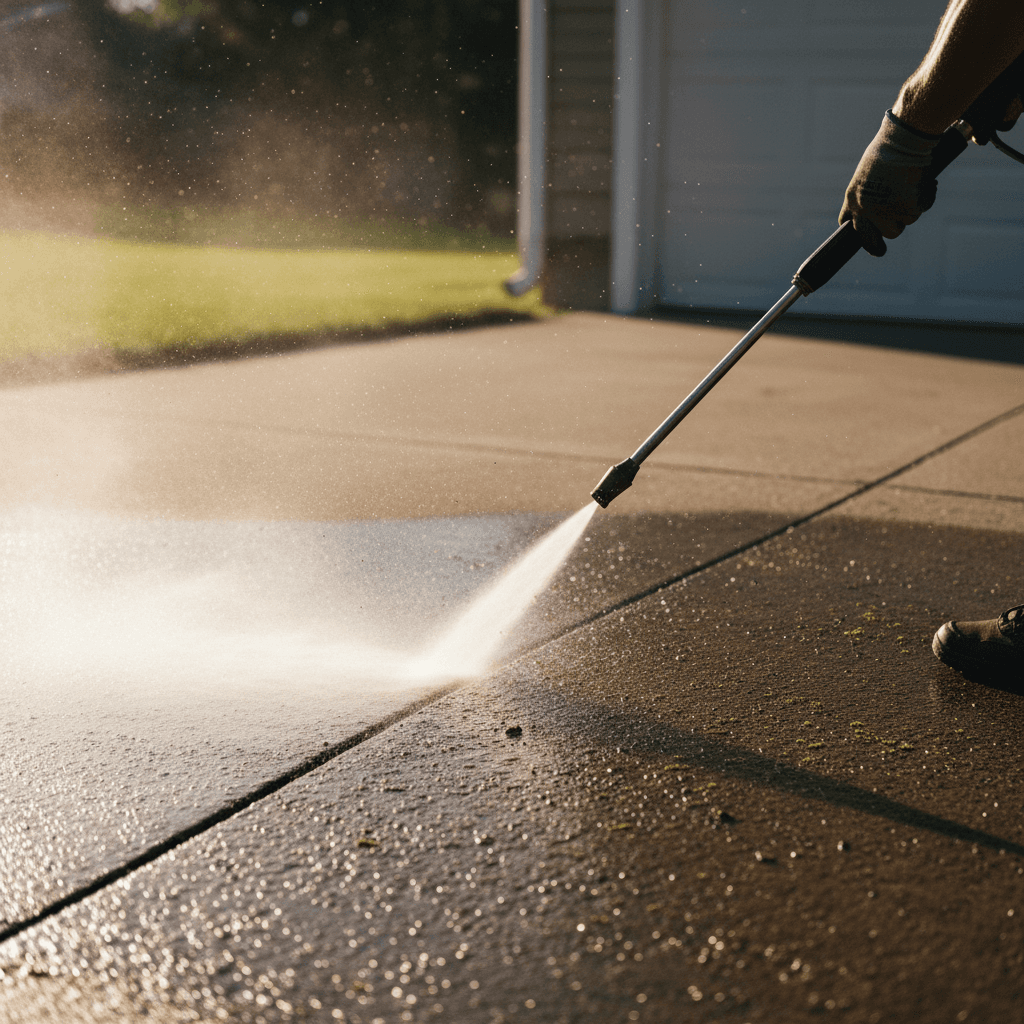 Close-up of pressure washer removing road grime from a trailer panel