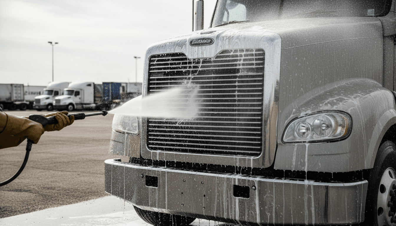Worker pressure washing the side of a commercial truck in a Toronto depot yard