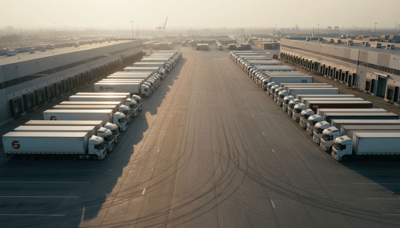 Fleet of trucks parked in a row at dusk with one being washed