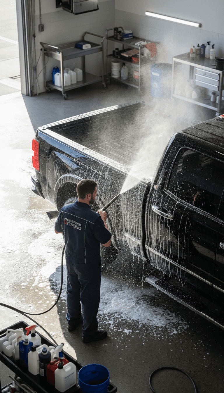 Technician washing the interior of a dry van trailer